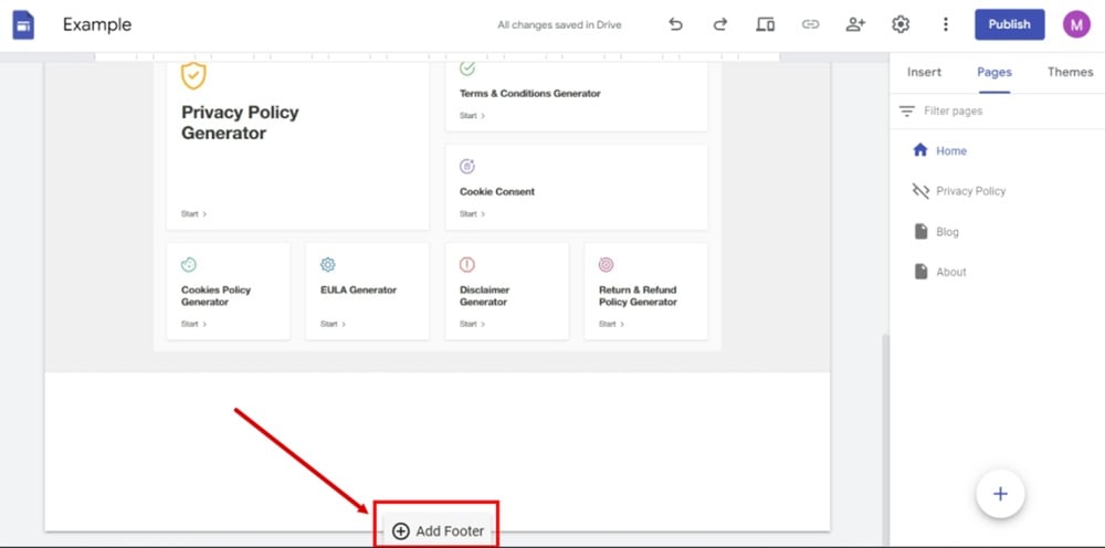 TermsFeed Google Sites Example - Home page - Add footer
