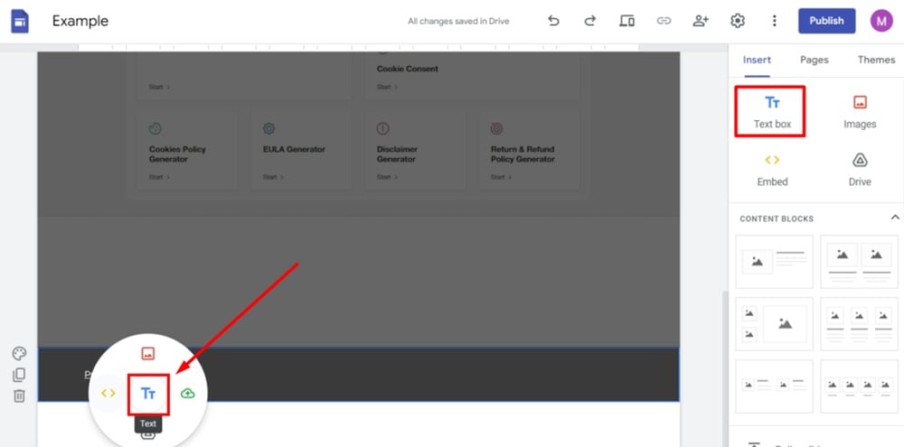 TermsFeed Google Sites Example - Home page - Edit footer - Add a new Text box field