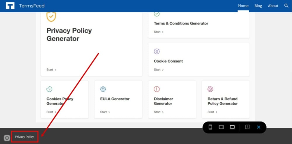 TermsFeed Google Sites Example - Home page - footer - Privacy Policy linked - Preview - Displayed