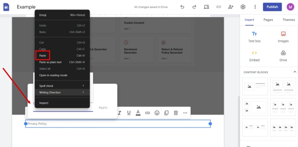 TermsFeed Google Sites Example - Home page - footer - Privacy Policy in the text field and Paste in the Link field