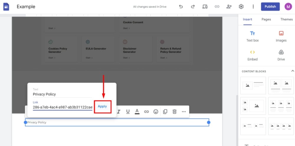 TermsFeed Google Sites Example - Home page - footer - Privacy Policy in the text field and Pasted in the Link field - Apply