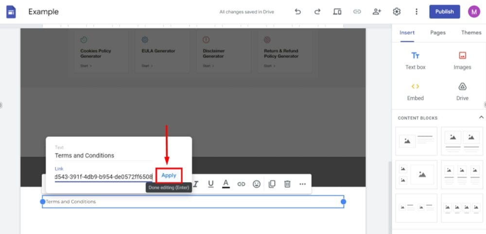 TermsFeed Google Sites Example - Home page - footer - Terms and Conditions in the text field and Pasted in the Link field - Apply