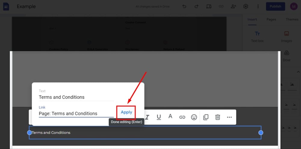 TermsFeed Google Sites Example - Home page - footer - Terms and Conditions in the text field and Link to page added - Apply