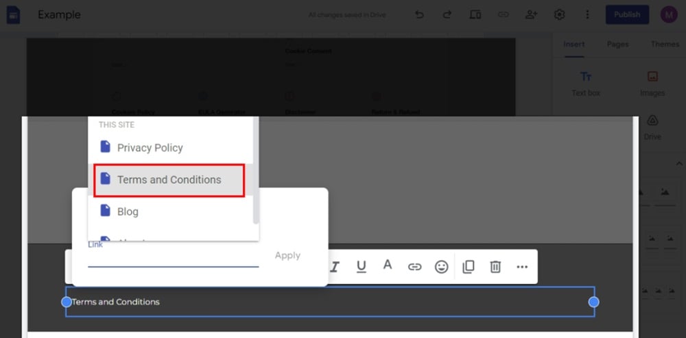 TermsFeed Google Sites Example - Home page - footer - Terms and Conditions in the text field and Link options - Select Terms and Conditions page