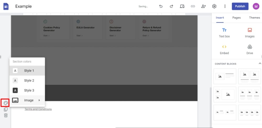 TermsFeed Google Sites Example - Home page - footer - Terms and Conditions linked - Palette change style color