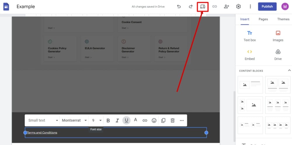 TermsFeed Google Sites Example - Home page - footer - Terms and Conditions linked - Preview