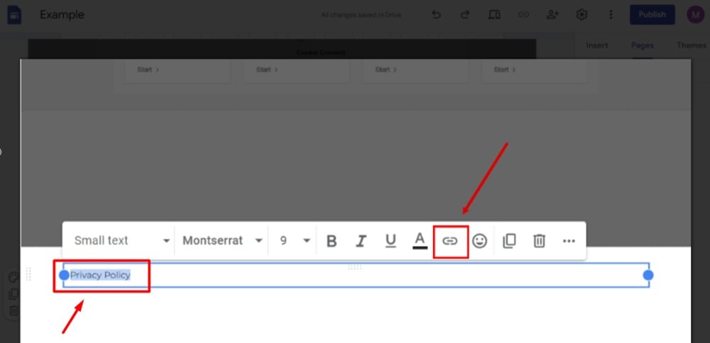 TermsFeed Google Sites Example - Home page - footer - Type Privacy Policy in the text field and click on the Link icon