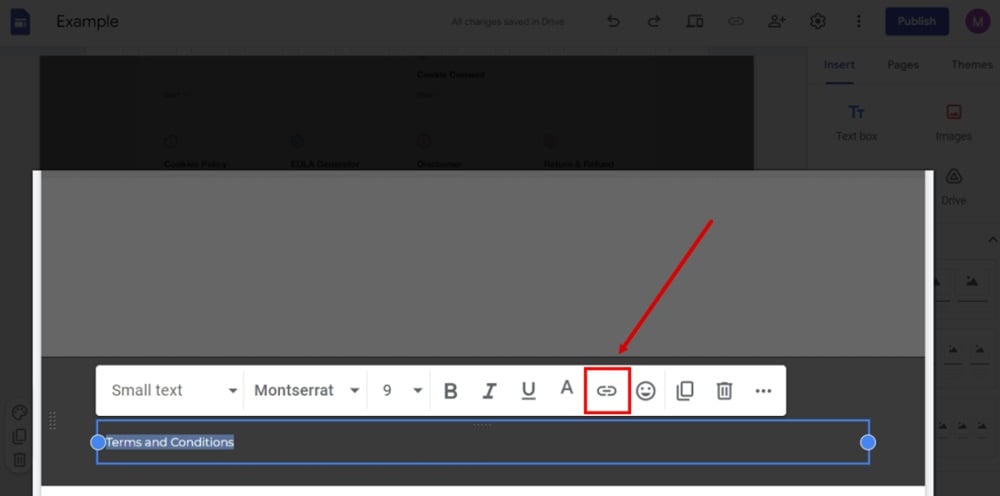 TermsFeed Google Sites Example - Home page - footer - Type Terms and Conditions in the text field and click on the Link icon