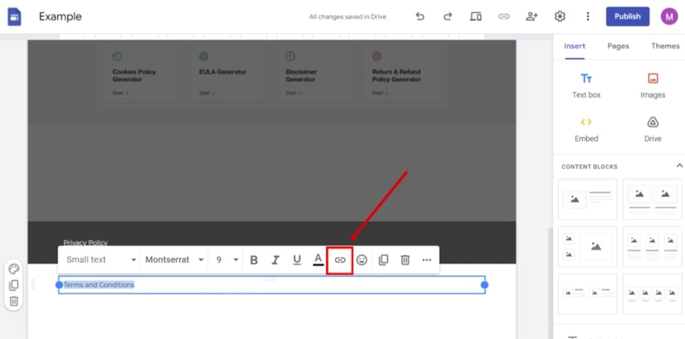 TermsFeed Google Sites Example - Home page - footer - Type Terms and Conditions in the text field and click on the Link icon