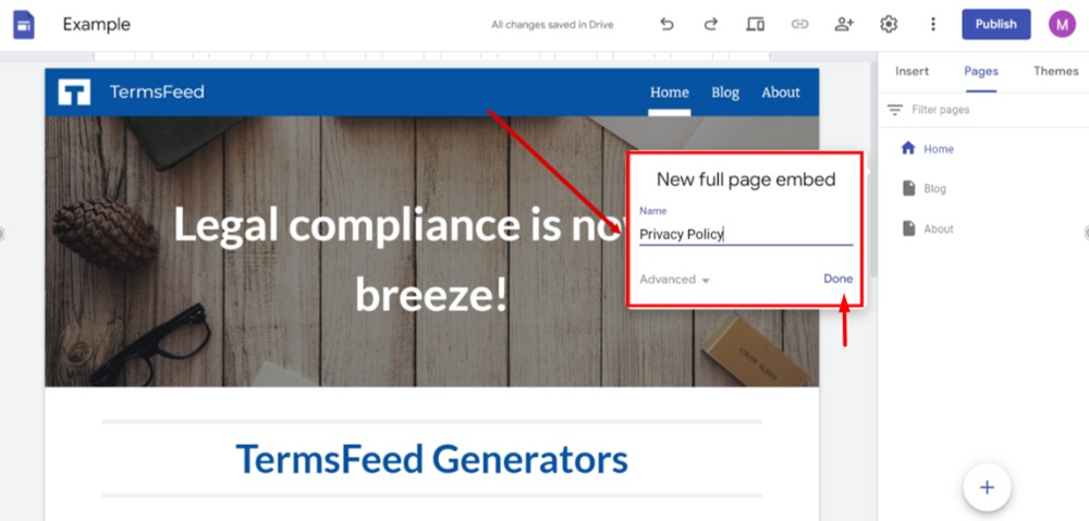 TermsFeed Google Sites Example - Pages - Add new - Full page embed - Name Privacy Policy - click Done