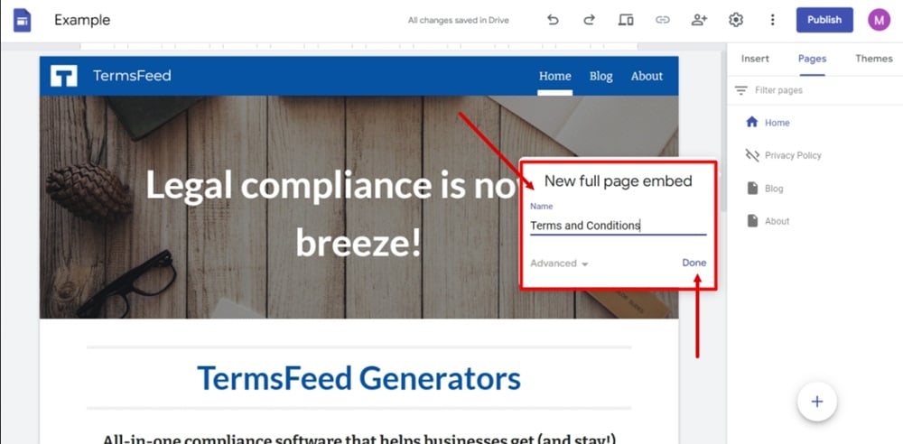 TermsFeed Google Sites Example - Pages - Add new - Full page embed - Name Terms and Conditions - click Done