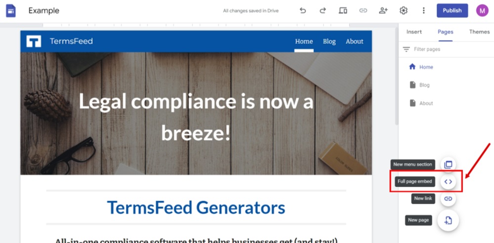 TermsFeed Google Sites Example - Pages - Add new - Full page embed