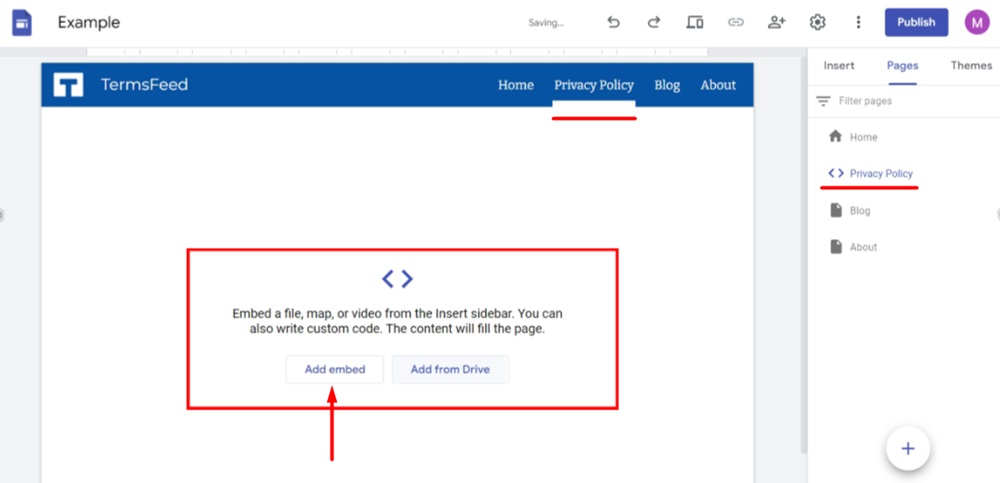 TermsFeed Google Sites Example - Pages - Privacy Policy - Add Embed