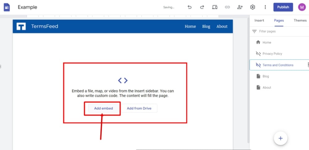 TermsFeed Google Sites Example - Pages - Terms and Conditions - Add Embed