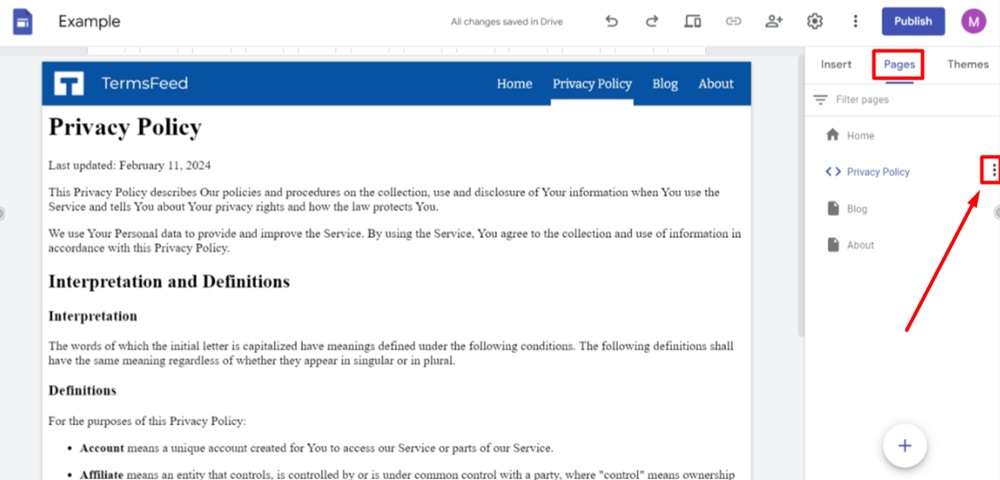 TermsFeed Google Sites Example - Privacy Policy page - Embed code - Inserted - Pages - Settings