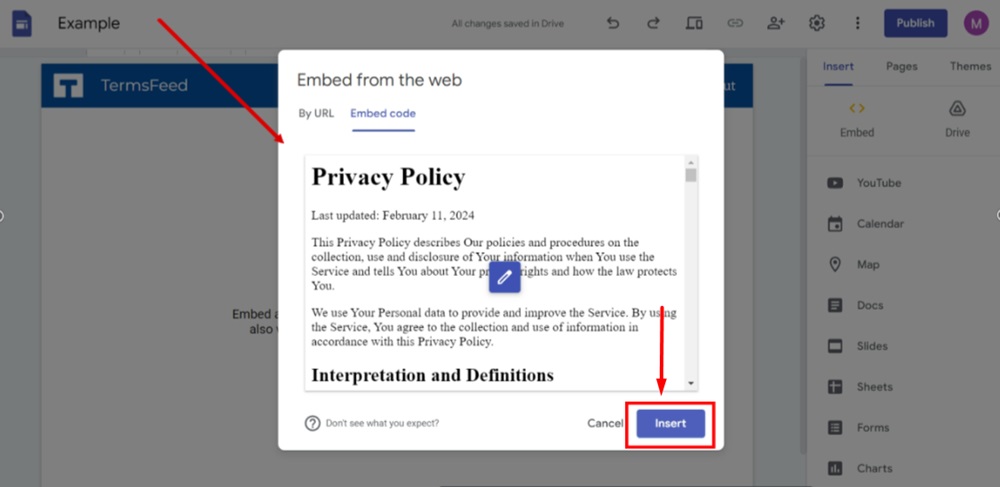 TermsFeed Google Sites Example - Privacy Policy page - Add Embed code - Pasted - Next - Insert