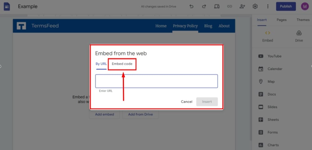 TermsFeed Google Sites Example - Privacy Policy page - Add Embed - dialog - Switch to the Embed code tab