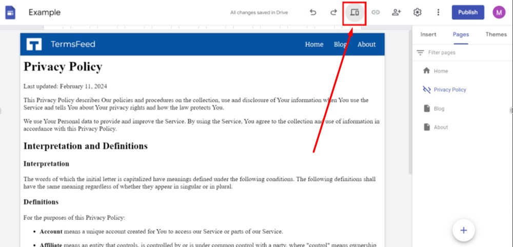 TermsFeed Google Sites Example - Privacy Policy page - preview selected