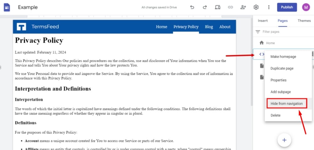 TermsFeed Google Sites Example - Privacy Policy page - Settings - Hide from navigation