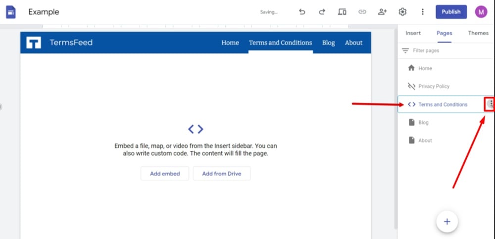 TermsFeed Google Sites Example - Terms and Conditions page - Embed code - Inserted - Pages - Settings