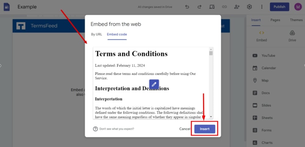 TermsFeed Google Sites Example - Terms and Conditions page - Add Embed code - Pasted - Next - Insert