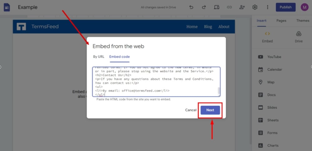 TermsFeed Google Sites Example - Terms and Conditions page - Add Embed code - Pasted - Next