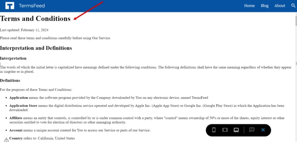 TermsFeed Google Sites Example - Terms and Conditions page - preview displayed