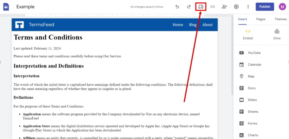 TermsFeed Google Sites Example - Terms and Conditions page - preview selected