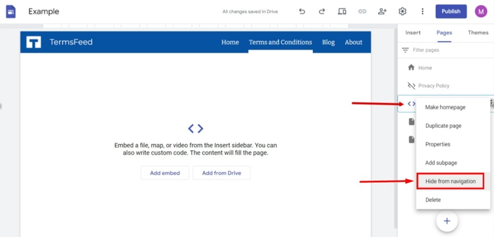 TermsFeed Google Sites Example - Terms and Conditions page - Settings - Hide from navigation