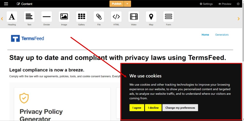 TermsFeed ImpressPages - content editing - footer - the Free Cookie Consent Banner Notice displayed