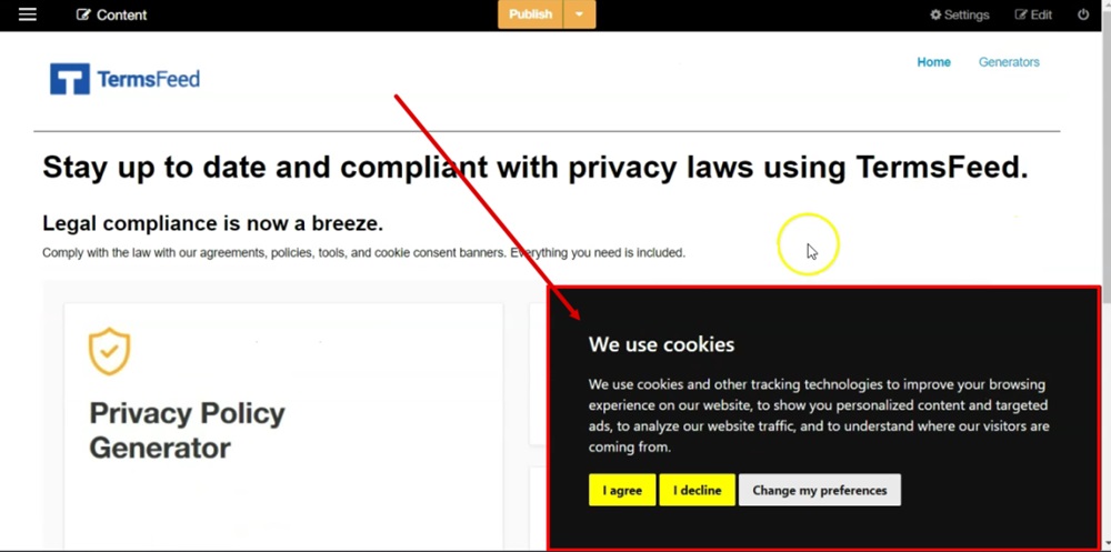 TermsFeed ImpressPages - The Free Cookie Consent Banner Notice is displayed