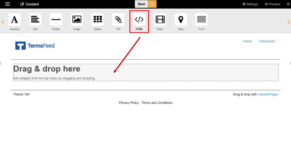 TermsFeed ImpressPages - Admin menu - Pages - Privacy Policy page - Edit Content - Drag and drop HTML