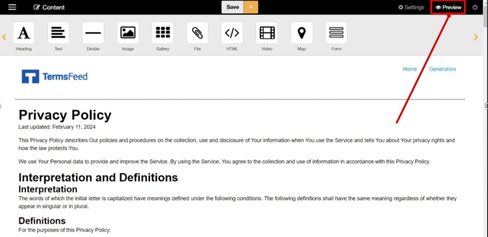 TermsFeed ImpressPages - Admin menu - Pages - Privacy Policy page - Edit Content - Preview