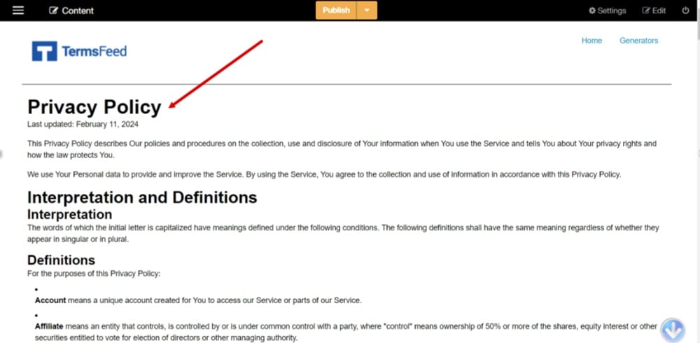 TermsFeed ImpressPages - Preview - Privacy Policy page displayed