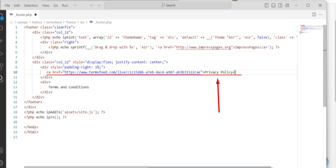 TermsFeed ImpressPages - Theme folder - Footer file opened - Privacy Policy div edited with added link