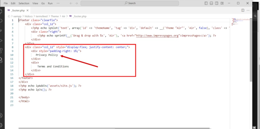 TermsFeed ImpressPages - Theme folder - Footer file opened - Privacy Policy div selected