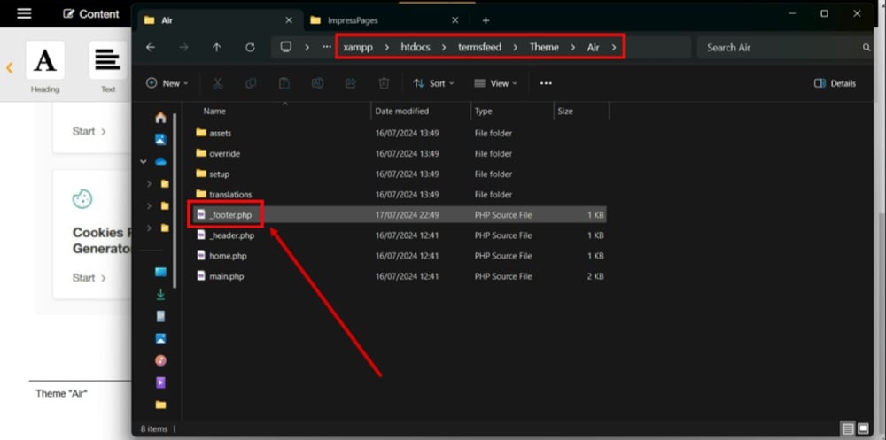 TermsFeed ImpressPages - Theme folder - Footer file selected