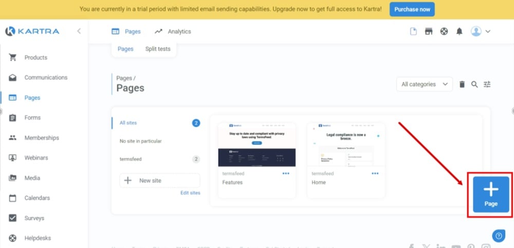 TermsFeed Kartra - Dashboard with Pages - Add new