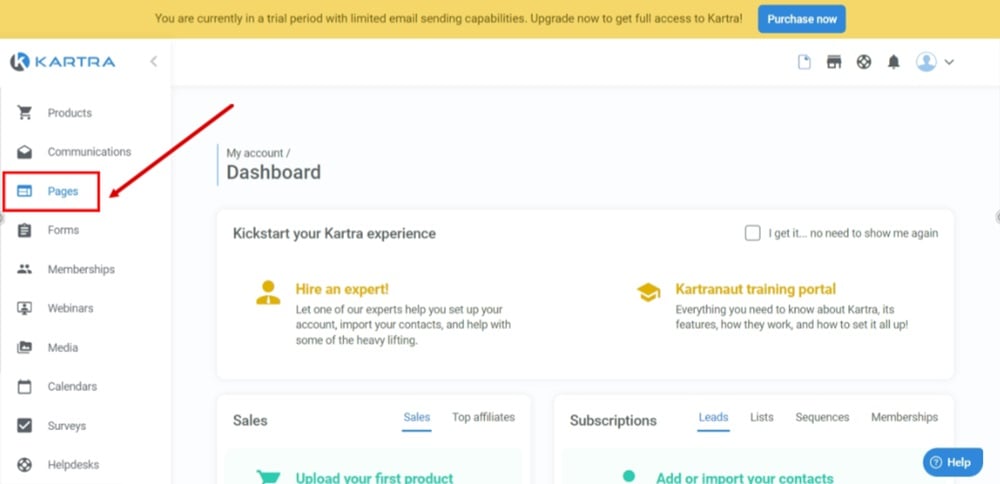 TermsFeed Kartra - Dashboard with Pages selected