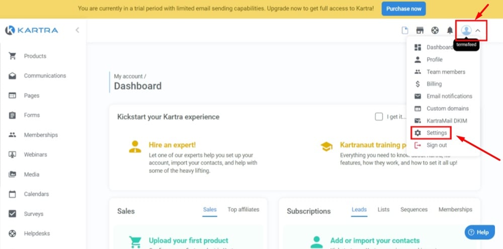 TermsFeed Kartra - Dashboard - Profile - Settings