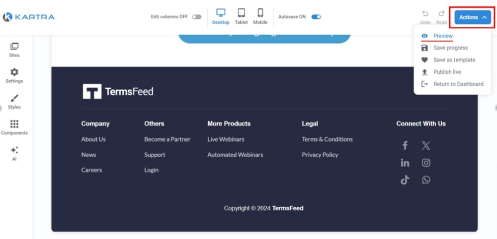 TermsFeed Kartra - Home page - Edit - Footer - Edits applied - Actions - Preview