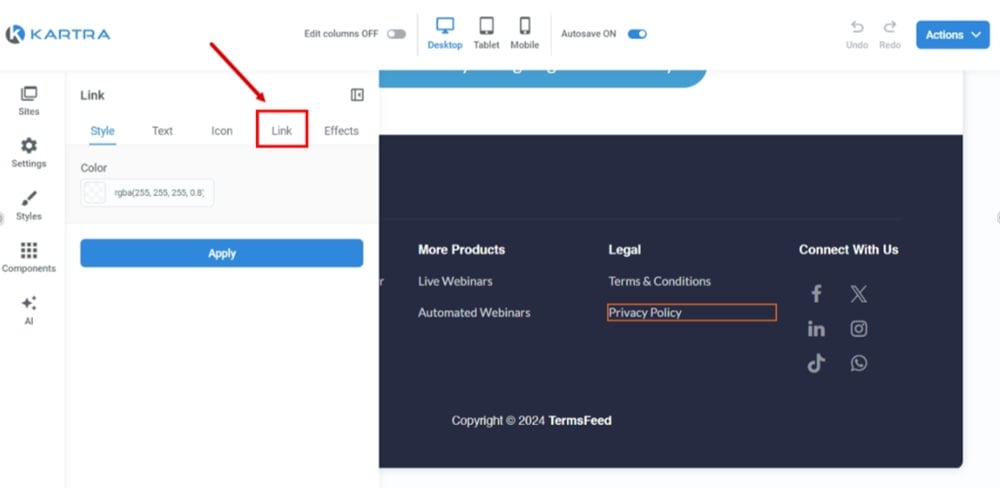 TermsFeed Kartra - Home page - Edit - Footer - Privacy Policy - Edit style - Link tab