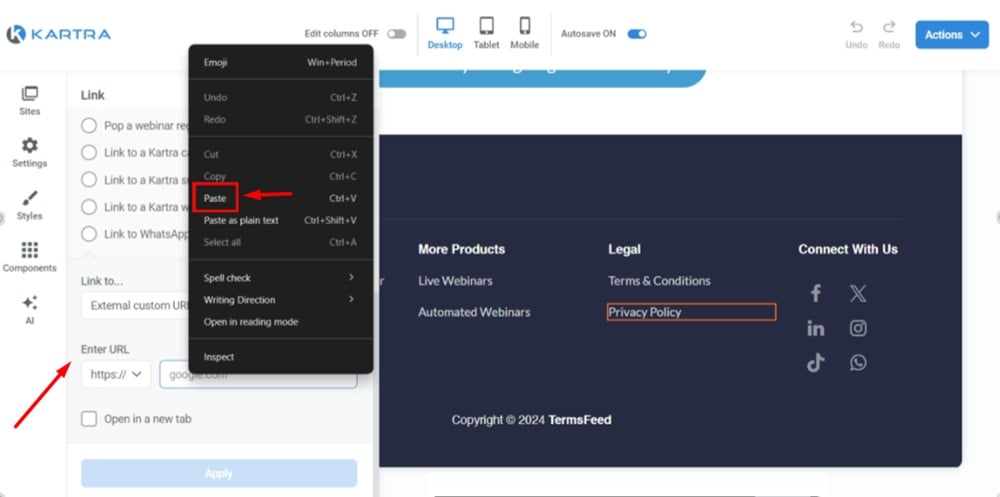 TermsFeed Kartra - Home page - Edit - Footer - Privacy Policy - Edit style - Link to another page - External custom URL- Paste