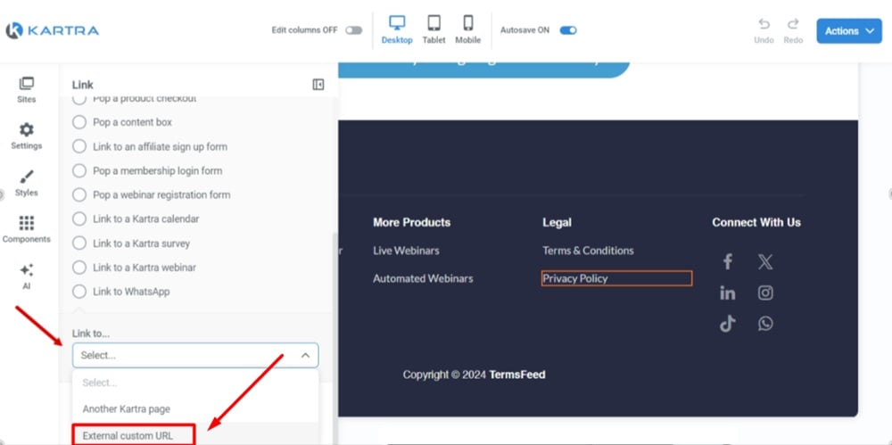 TermsFeed Kartra - Home page - Edit - Footer - Privacy Policy - Edit style - Link to another page - External custom URL