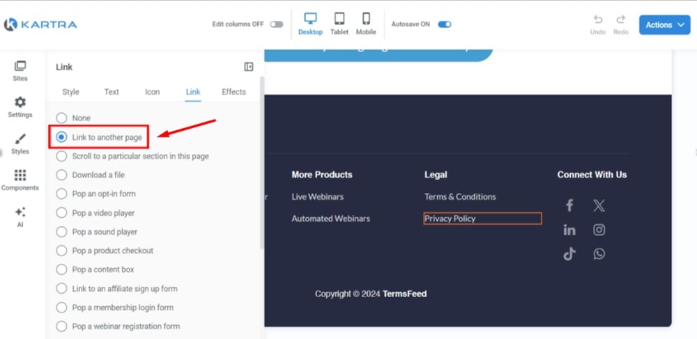 TermsFeed Kartra - Home page - Edit - Footer - Privacy Policy - Edit style - Link to another page