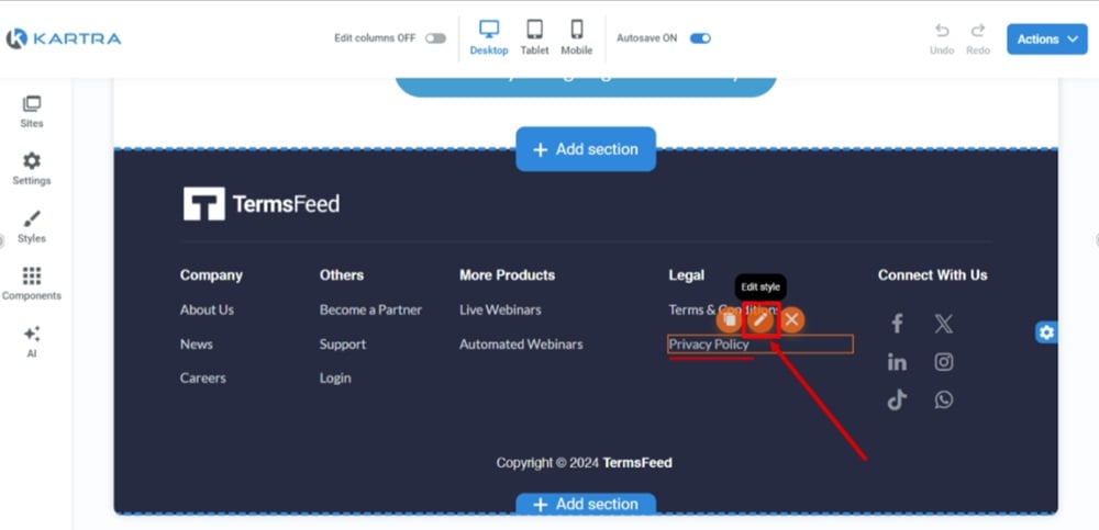 TermsFeed Kartra - Home page - Edit - Footer - Privacy Policy - Edit style