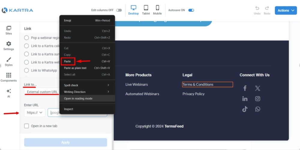 TermsFeed Kartra - Home page - Edit - Footer - Terms and Conditions - Edit style - Link to another page - External custom URL - Paste