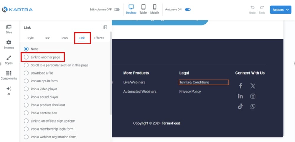 TermsFeed Kartra - Home page - Edit - Footer - Terms and Conditions - Edit style - Link tab - Link to another page