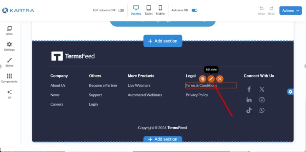 TermsFeed Kartra - Home page - Edit - Footer - Terms and Conditions - Edit style