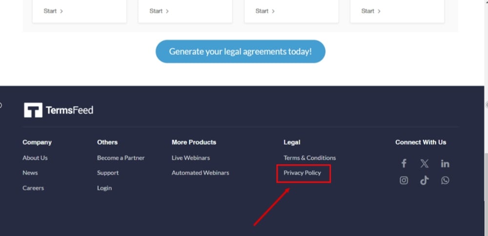 TermsFeed Kartra - Home page - footer - Privacy Policy URL - Preview displayed